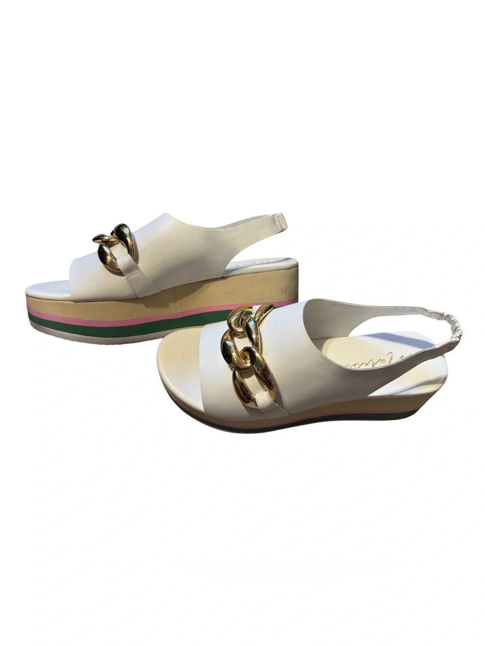Matisse Natalia White Wedge Sandal with Gold Chain and Multicolor Platform